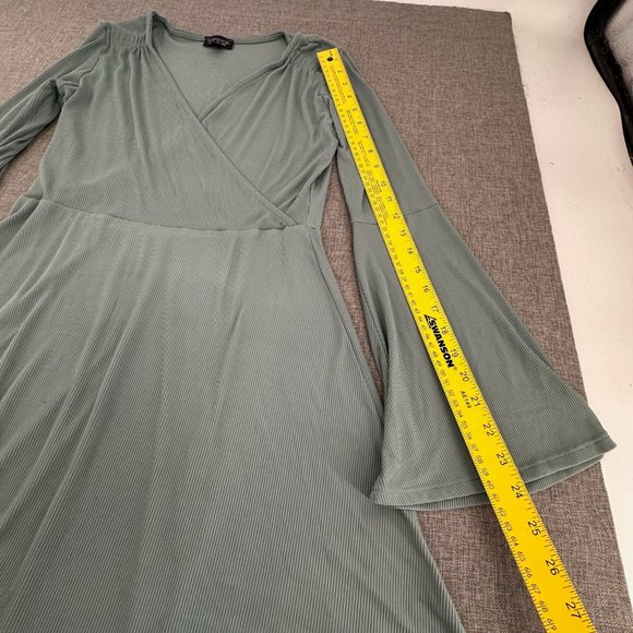 Topshop Ribbed Dress Bell Long Sleeves V-Neck Size 8 Nylon & Elastane‎ Green - Picture 6 of 14